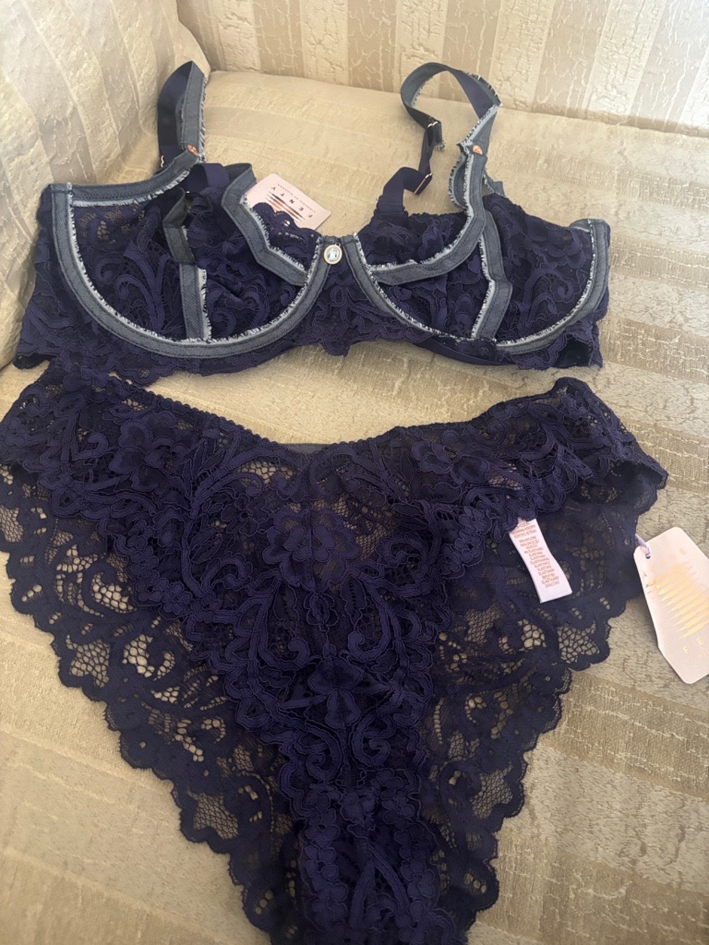 Savage X Fenty Deep Navy Lace Underwire Bra & Bikini Set